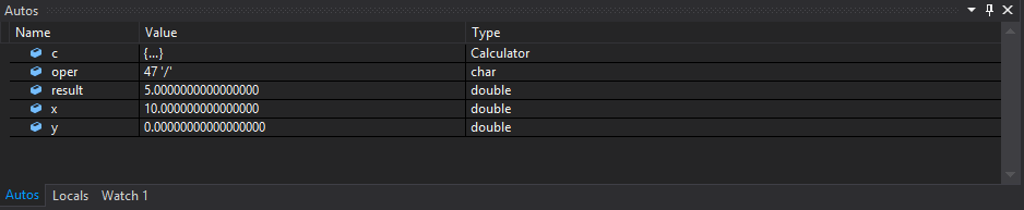 Visual Studio 调试器自动窗口的屏幕截图。