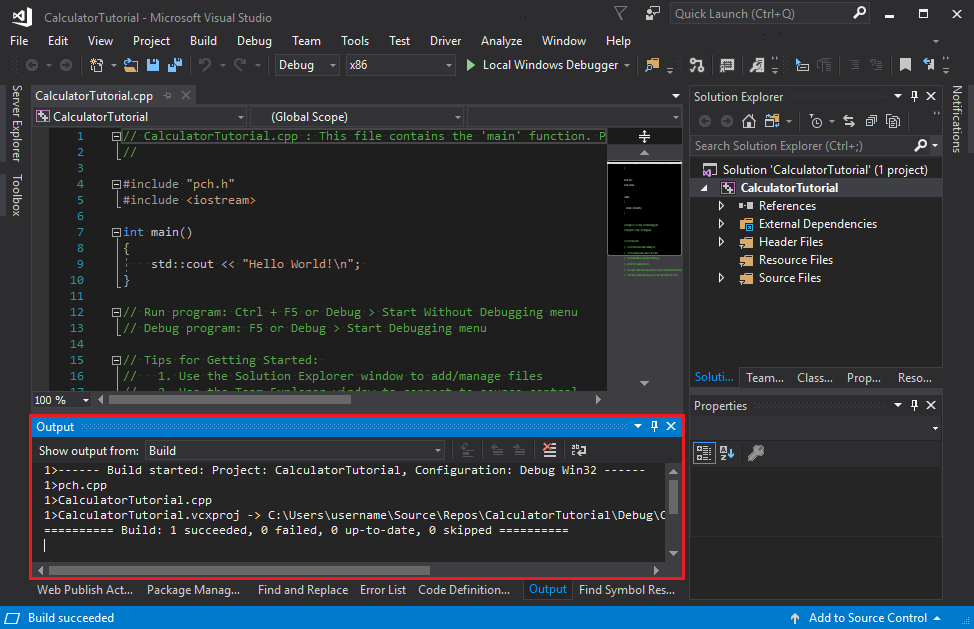 Visual Studio 输出窗口的屏幕截图，其中显示了生成成功。