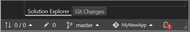Visual Studio 解决方案资源管理器窗格下方的存储库状态栏的屏幕截图，其中显示了分支名称和未完成的更改数。