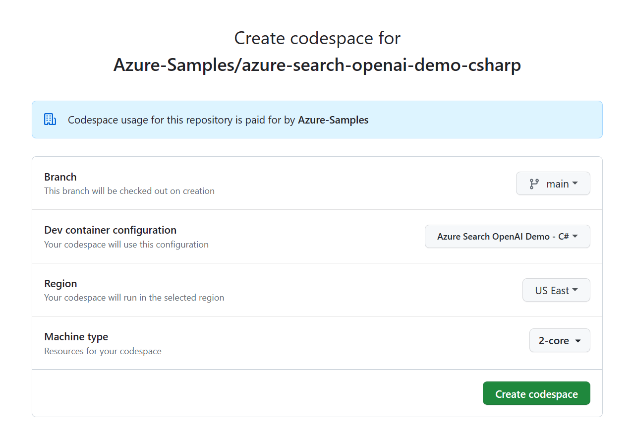 新建 codespace 之前的确认屏幕的屏幕截图。