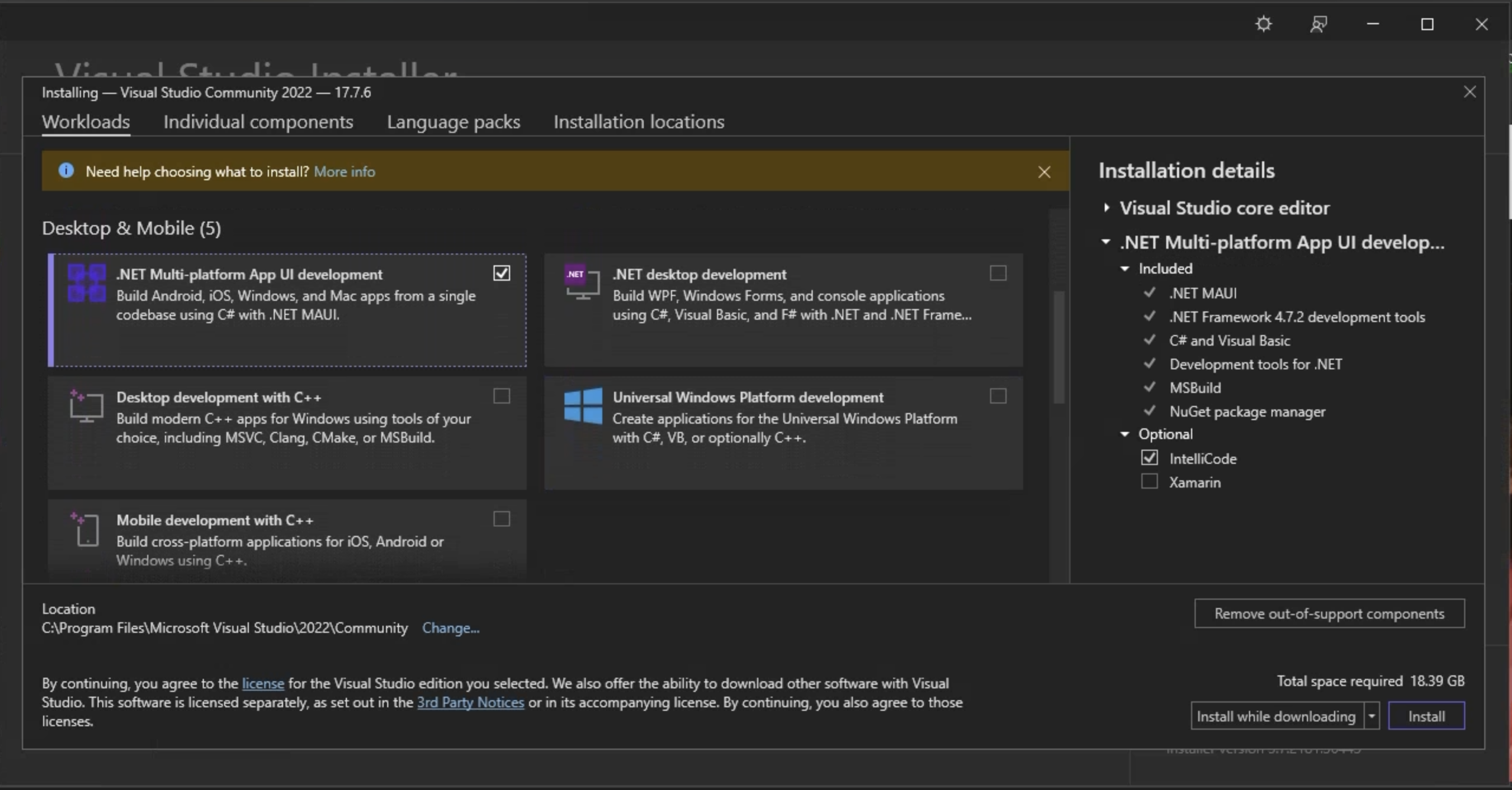 选择 .Net 多平台应用 UI WorkLoad