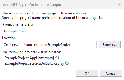 显示 Visual Studio 添加 .NET Aspire 编排摘要的屏幕截图。