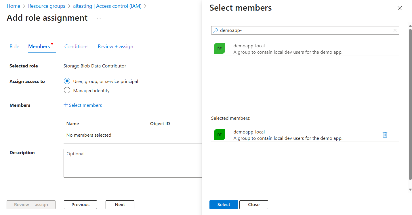 显示如何为 Microsoft Entra 组分配角色的屏幕截图。