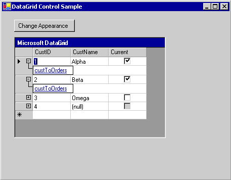 显示绑定到多个表的数据的 DataGrid 的 WinForms 应用。