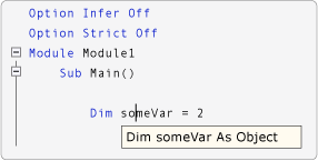 显示选项推理关闭时的 IntelliSense 视图的屏幕截图。