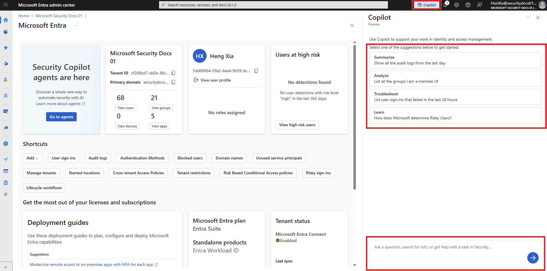 显示 Microsoft Entra 管理中心中的 Security Copilot 的屏幕截图。