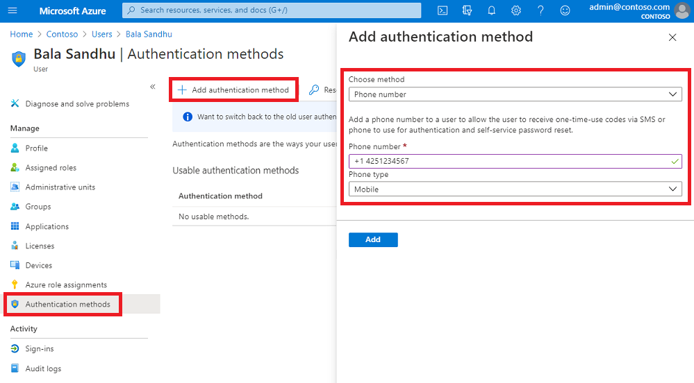 在 Microsoft Entra 管理中心为用户设置电话号码，以用于基于短信的身份验证