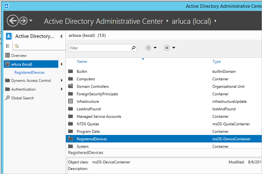 Active Directory 管理中心注册的设备