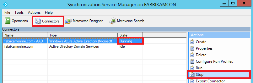 屏幕截图显示了 Synchronization Service Manager，其中选择了“连接器”，突出显示了一个正在运行的连接器，并选中了“停止”操作。