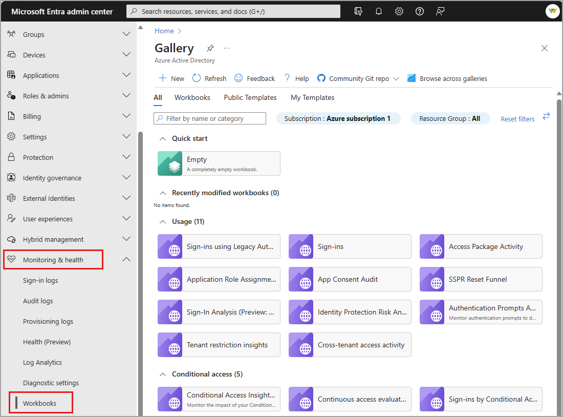 Microsoft Entra 的工作簿的屏幕截图，其中突出显示了导航步骤。