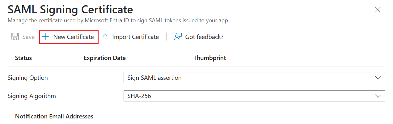 显示“新建 SAML 证书”的屏幕截图。