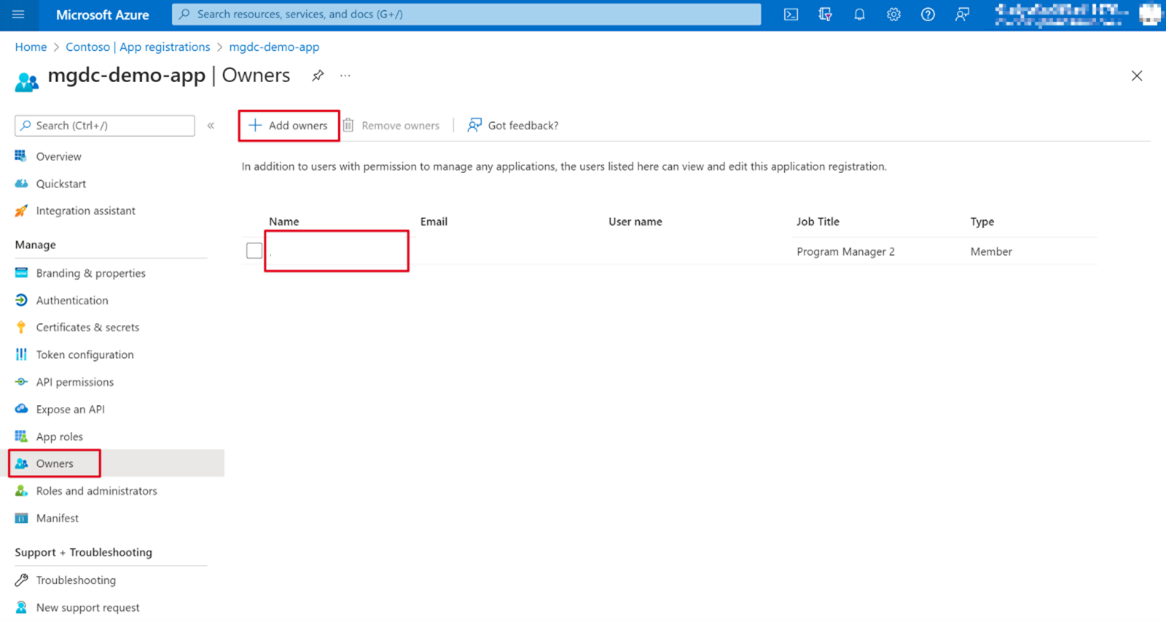 显示用户设置为Azure 门户应用程序注册所有者的屏幕截图。