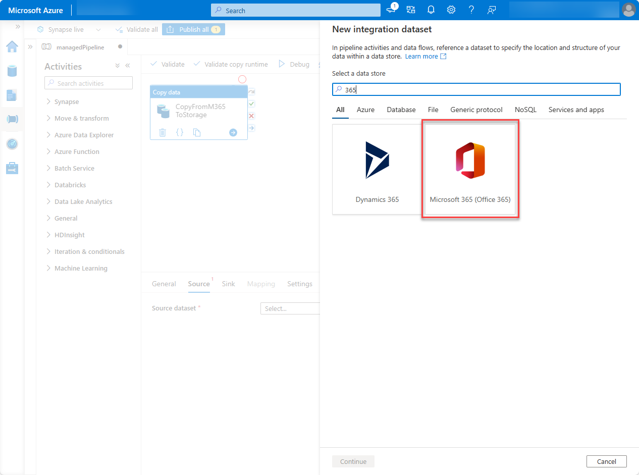 Azure 门户数据工厂服务页的屏幕截图，其中突出显示了Microsoft 365 (Office 365) 并继续。