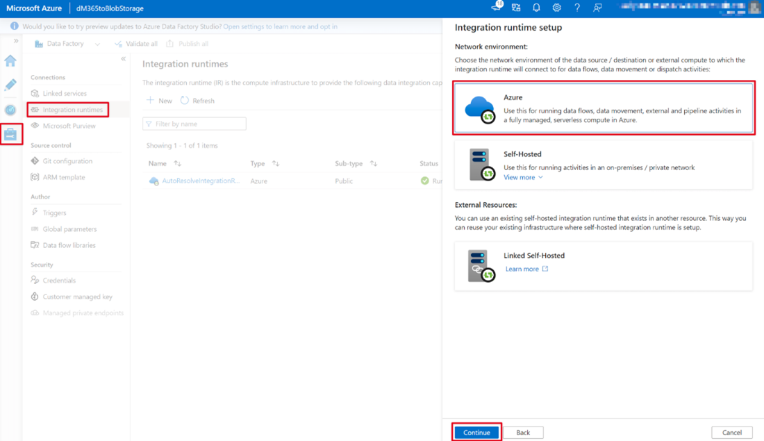 “Azure 门户数据工厂服务”页的屏幕截图，其中为网络环境选择了“Azure”选项。