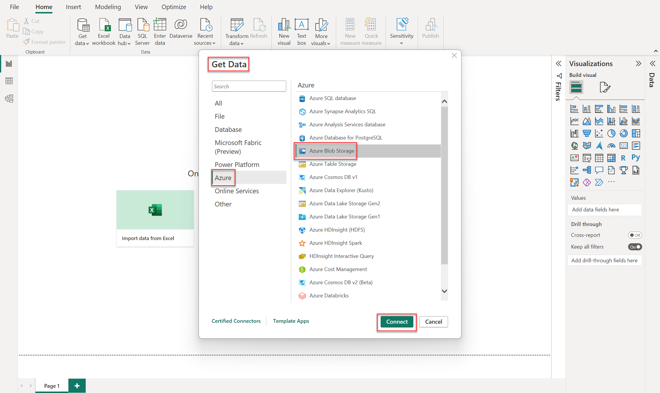 显示如何连接以从 Power BI 中的Azure Blob 存储获取数据的屏幕截图。