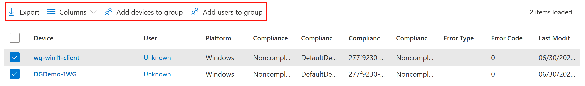 浏览数据时，可以导出查询结果，并将用户或设备添加到 Microsoft Intune 管理中心中的组。
