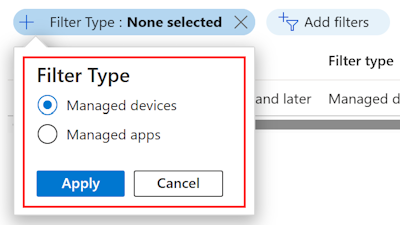 显示Microsoft Intune中托管设备筛选的筛选器列表的屏幕截图。