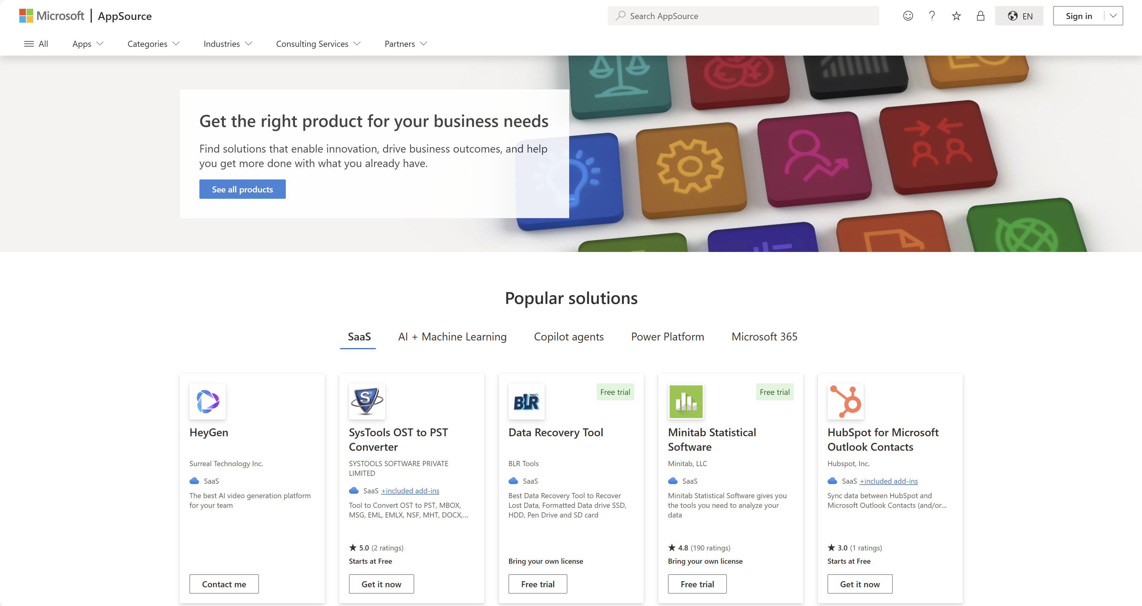 显示Microsoft AppSource 登陆页面的屏幕截图。