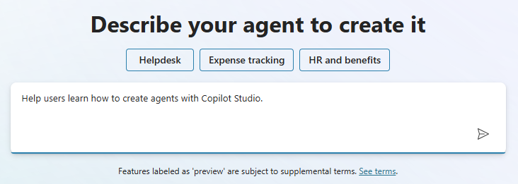 Copilot Studio 首页上用于简要描述智能体的区域的截图。