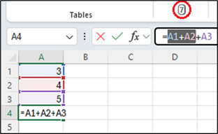 Excel 公式编辑器的屏幕截图，其中选择了 A1+A2，并且公式编辑器上方显示的预览值为 7。