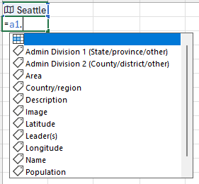 在公式中使用 =A1 的点表示法的屏幕截图。显示 Seattle Geography 数据类型的字段。