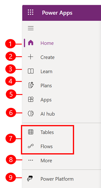 Power Apps 左侧导航窗格。