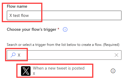 命名您的流并搜索 Twitter 触发器的屏幕截图。