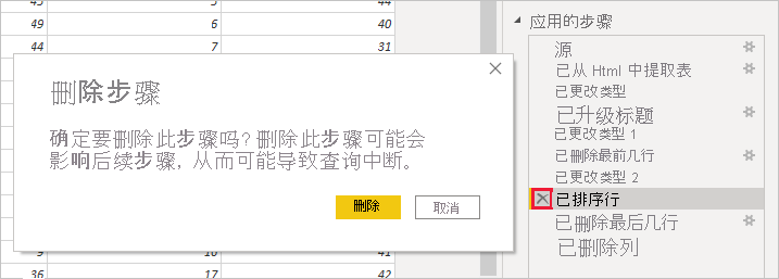 Power BI Desktop 的屏幕截图，其中显示了“删除步骤”对话框。