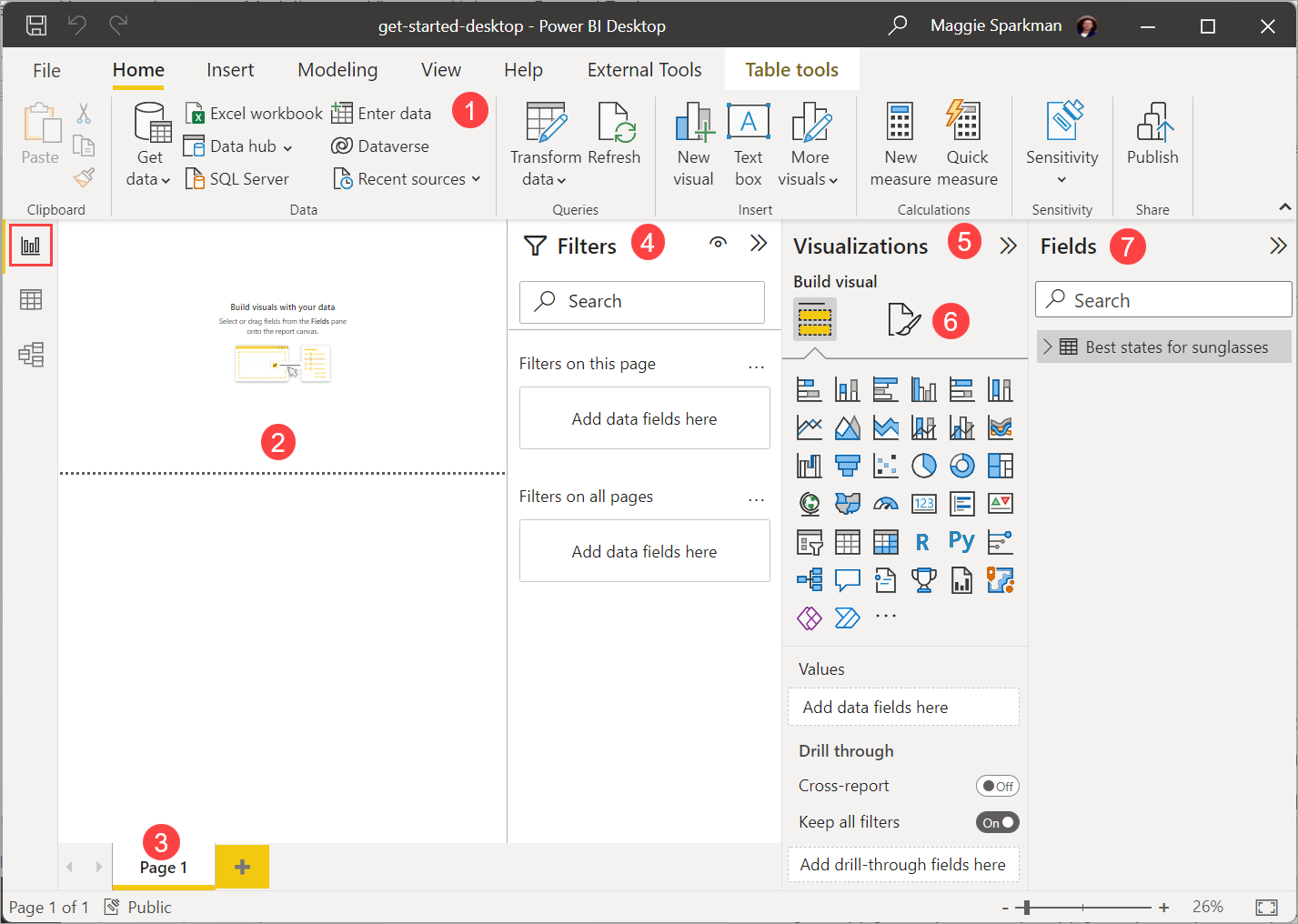 Power BI Desktop 的屏幕截图，其中显示了“报表”视图。