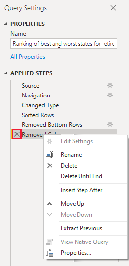 Power BI Desktop 的屏幕截图，其中显示了“已应用步骤”修改选项。