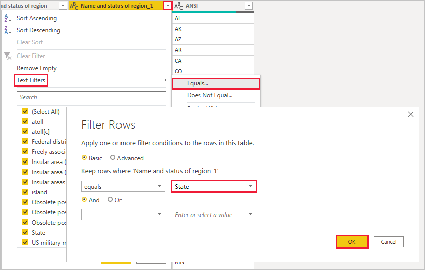 Power BI Desktop 的屏幕截图，其中显示了 Power Query 编辑器的“筛选行”查询框。