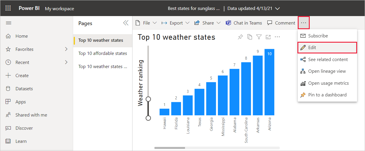 Power BI Desktop 的屏幕截图，其中显示了“编辑”选项。