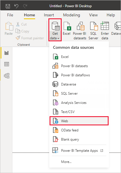 Power BI Desktop 的屏幕截图，其中显示了“获取数据”工具的 Web 选项。
