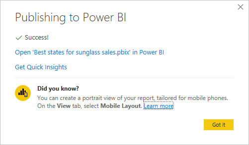 Power BI Desktop 的屏幕截图，其中显示了“发布成功”消息。