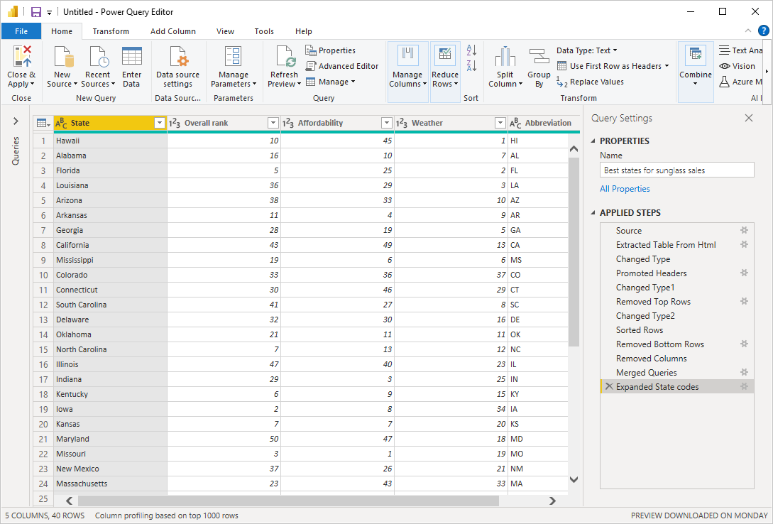 Power BI Desktop 的屏幕截图，其中显示了具有经过调整与合并的查询的 Power Query 编辑器。