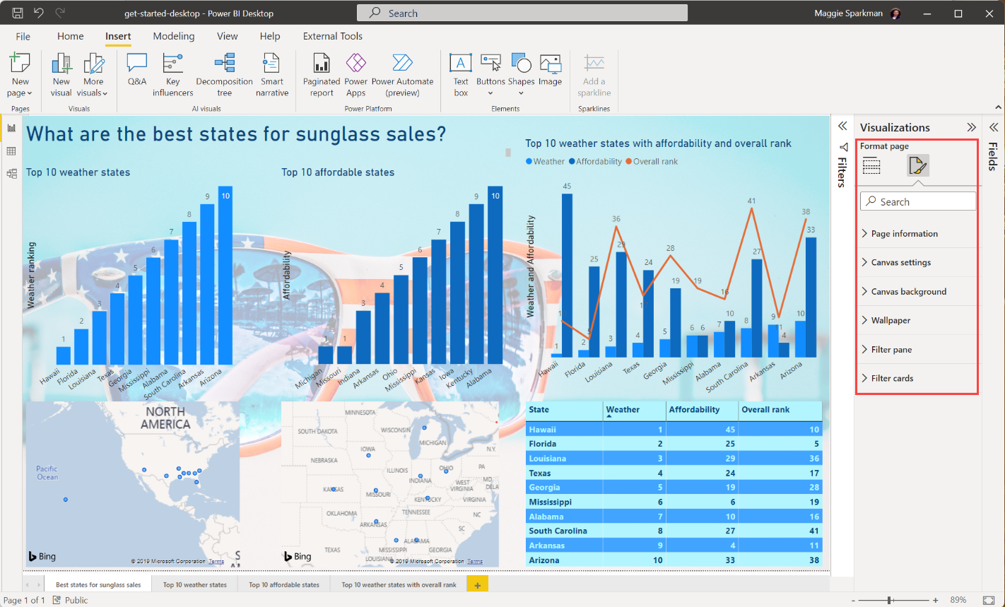 Power BI Desktop 的屏幕截图，其中显示了已完成的报表页。
