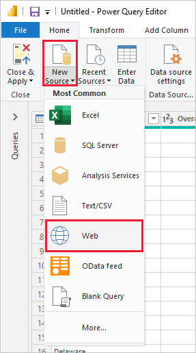 Power BI Desktop 的屏幕截图，其中显示 Power Query 编辑器从“新增源”选择“Web”。