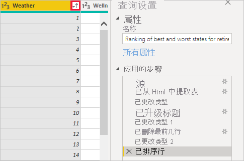Power BI Desktop 的屏幕截图，其中显示了“已应用步骤”中出现的“已排序行”。