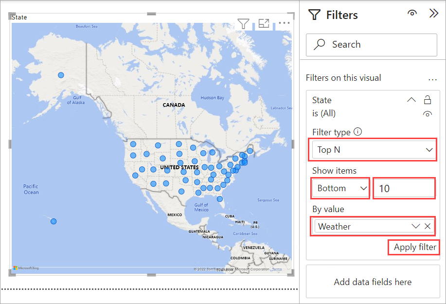 Power BI Desktop 的屏幕截图，其中显示了“天气”筛选器。