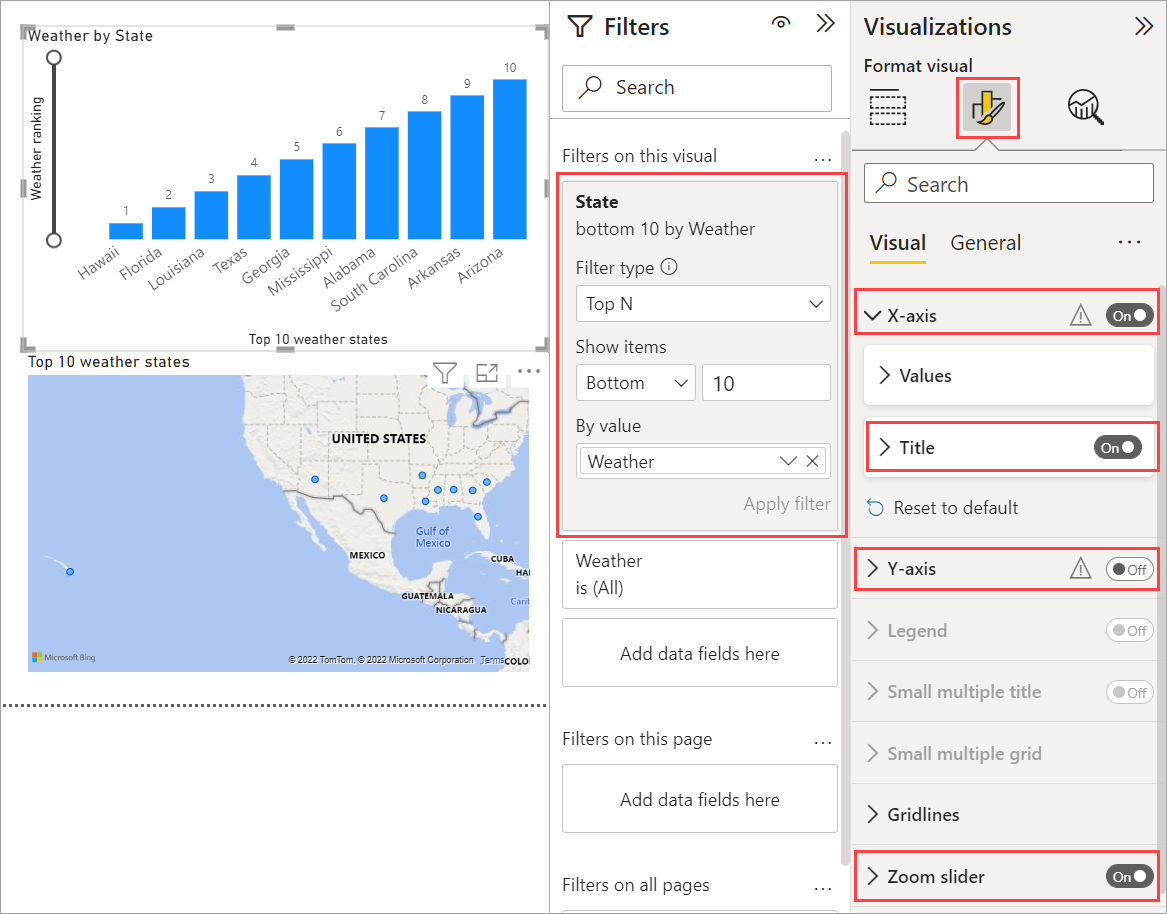 Power BI Desktop 的屏幕截图，其中显示了已完成的柱形图。