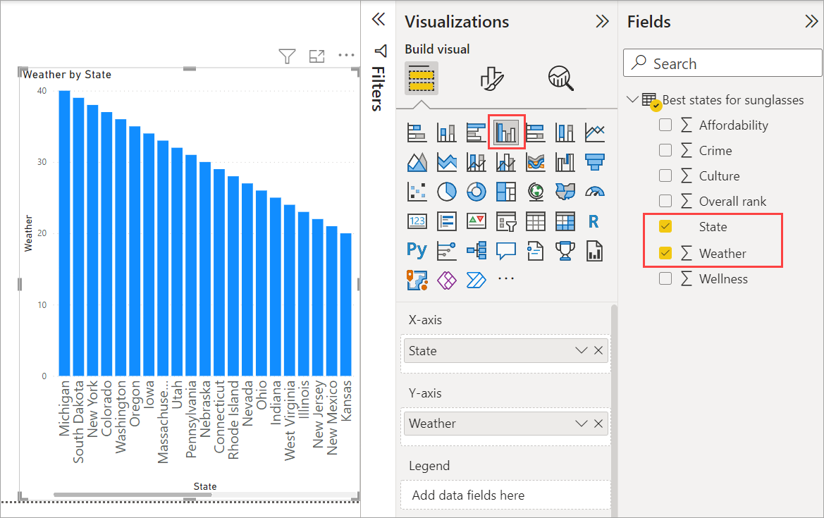 Power BI Desktop 的屏幕截图，其中显示了柱形图可视化效果。