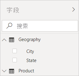 Power BI Desktop 的屏幕截图，其中显示了“字段”视图中的“地理位置”筛选器。