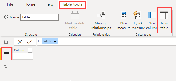 Power BI Desktop 菜单功能区的屏幕截图，其中突出显示了“表工具”、“新建表”和“表”视图。
