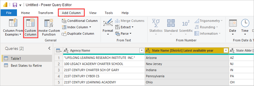 Power Query 编辑器的屏幕截图，其中突出显示了“添加列”选项卡上的“自定义列”按钮。