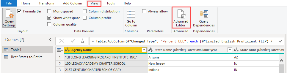 Power Query 编辑器的屏幕截图，其中突出显示了“视图”选项卡上的“高级编辑器”按钮。