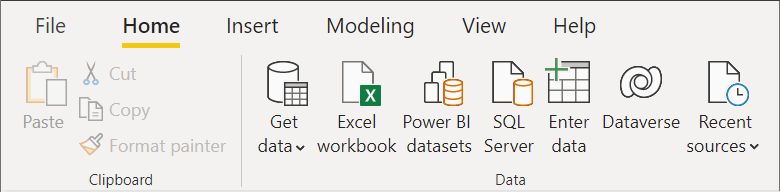 Power BI Desktop 主页功能区中“数据”字段的屏幕截图。