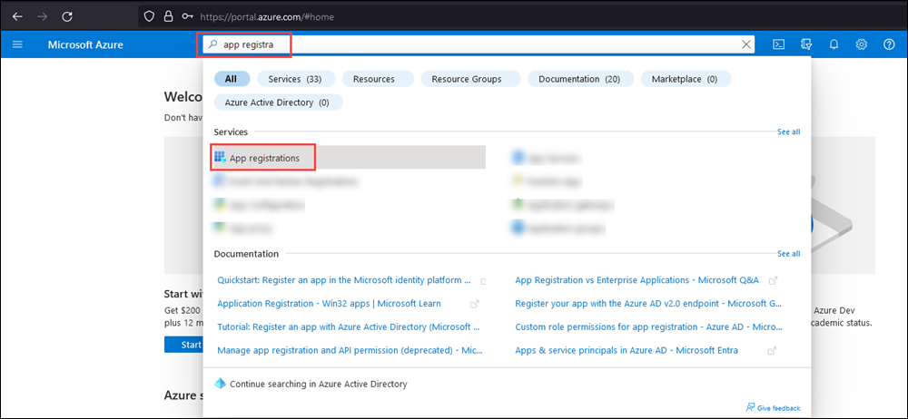 显示Azure 门户主页上的搜索结果中的应用注册的屏幕截图。