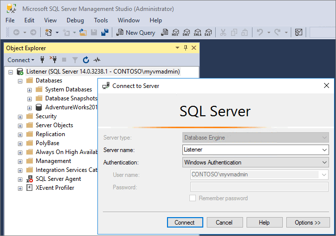 SSMS 中连接到侦听器的屏幕截图。
