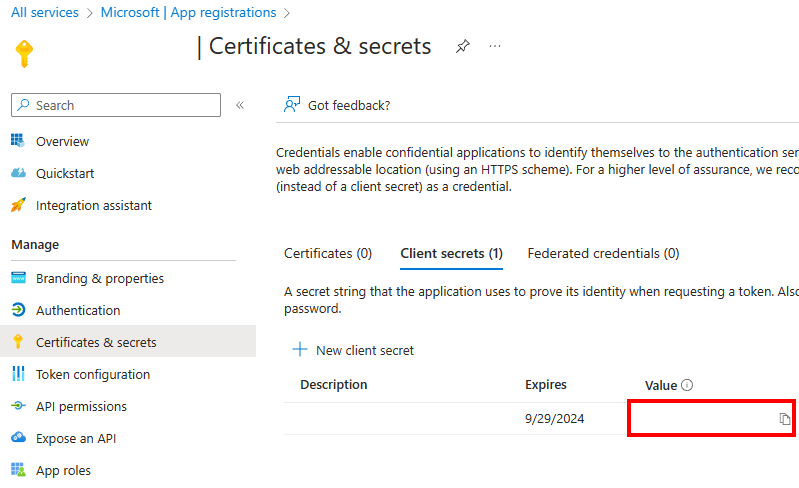 Azure 门户中机密值的屏幕截图。