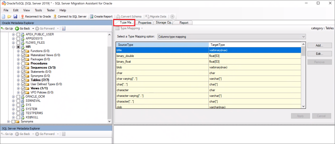 SSMA for Oracle 中“类型映射”窗格的屏幕截图。
